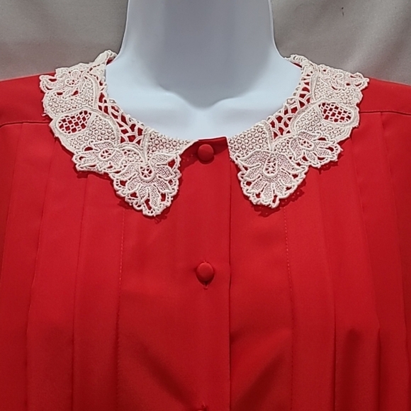 Pedder Street Vintage 80s Lace Collar Pleated Red Button Down Blouse - Picture 3 of 10